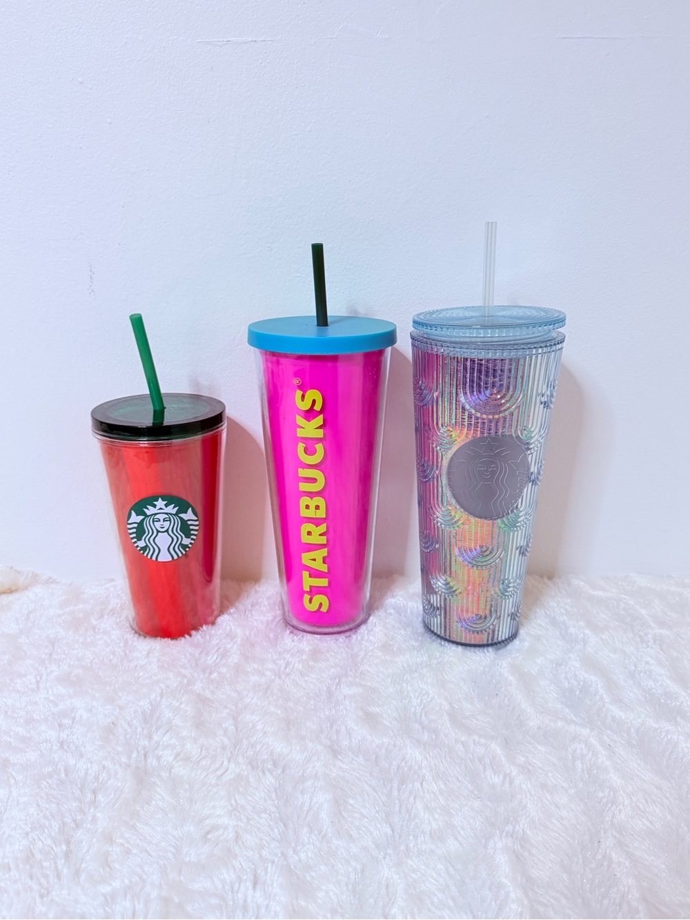 Starbucks Hot Pink Tumbler with Blue Lid and Green Straw